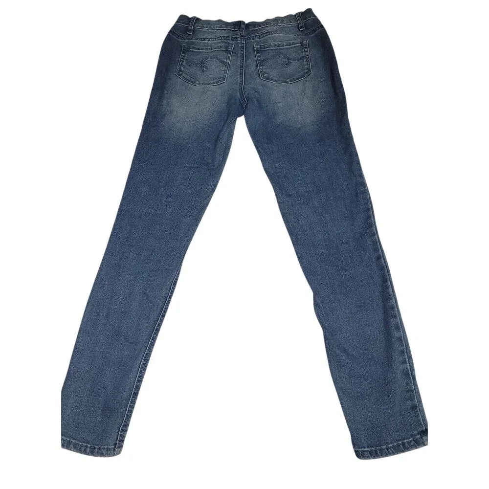 Justice Girls Denim Floral Embroidery Rose Applique Distressed Blue 14‎ Slim